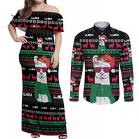 Llama Funny Couples Matching Off Shoulder Maxi Dress and Long Sleeve Button Shirt Llama Christmas DT04 - Wonder Print Shop