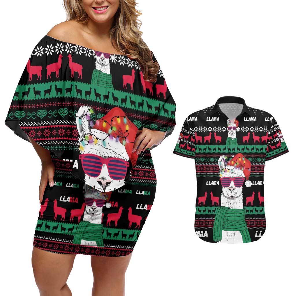 Llama Funny Couples Matching Off Shoulder Short Dress and Hawaiian Shirt Llama Christmas DT04 - Wonder Print Shop