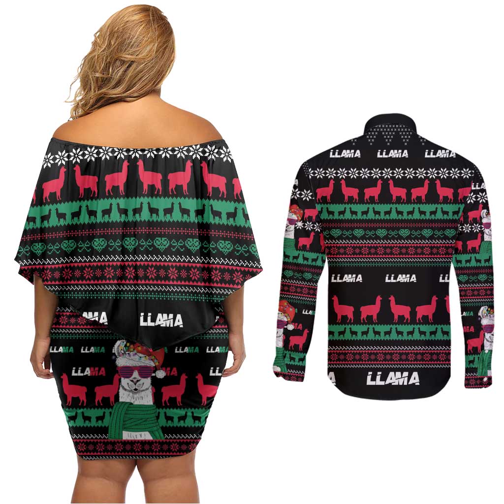Llama Funny Couples Matching Off Shoulder Short Dress and Long Sleeve Button Shirt Llama Christmas DT04 - Wonder Print Shop