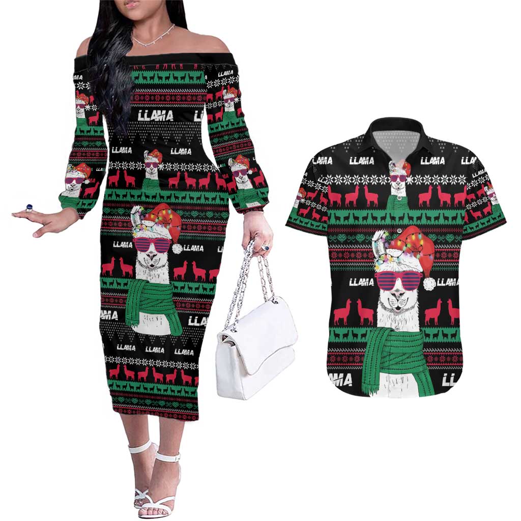 Llama Funny Couples Matching Off The Shoulder Long Sleeve Dress and Hawaiian Shirt Llama Christmas DT04 - Wonder Print Shop