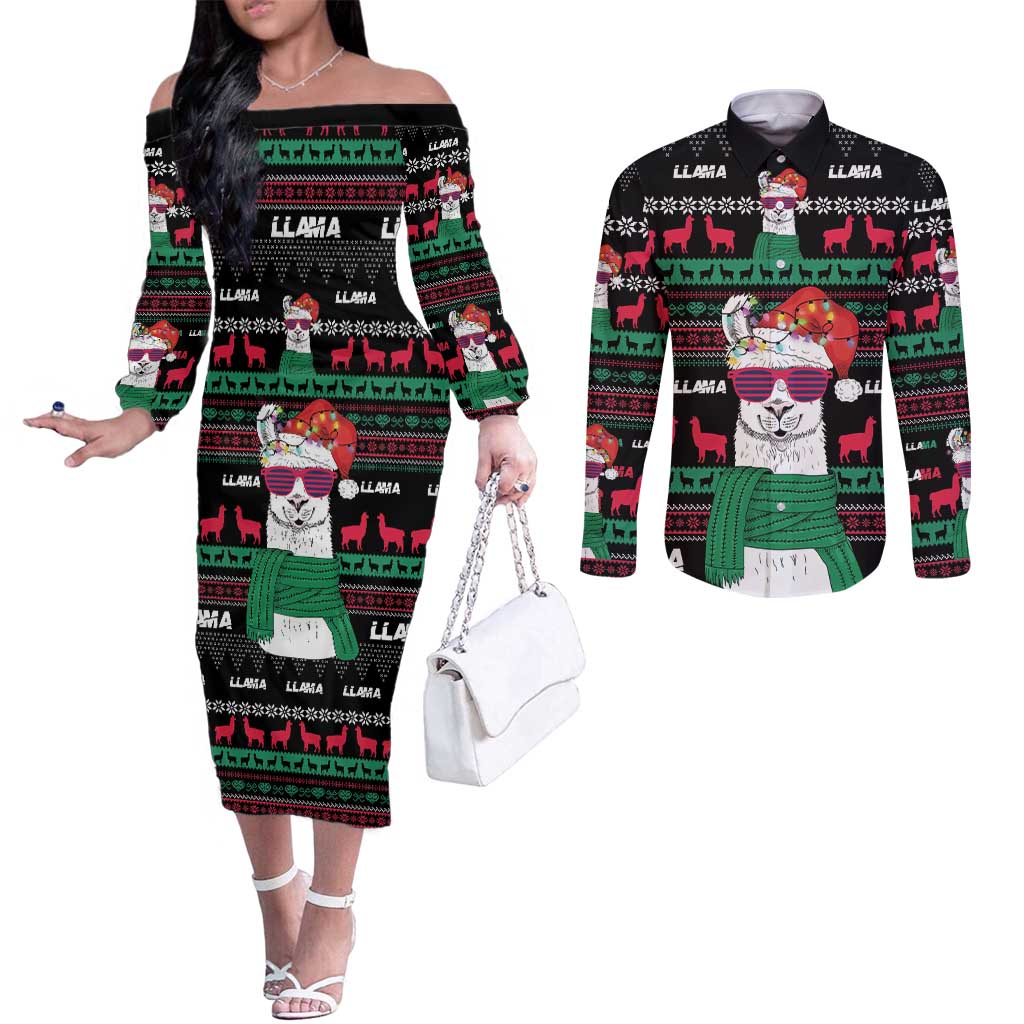Llama Funny Couples Matching Off The Shoulder Long Sleeve Dress and Long Sleeve Button Shirt Llama Christmas