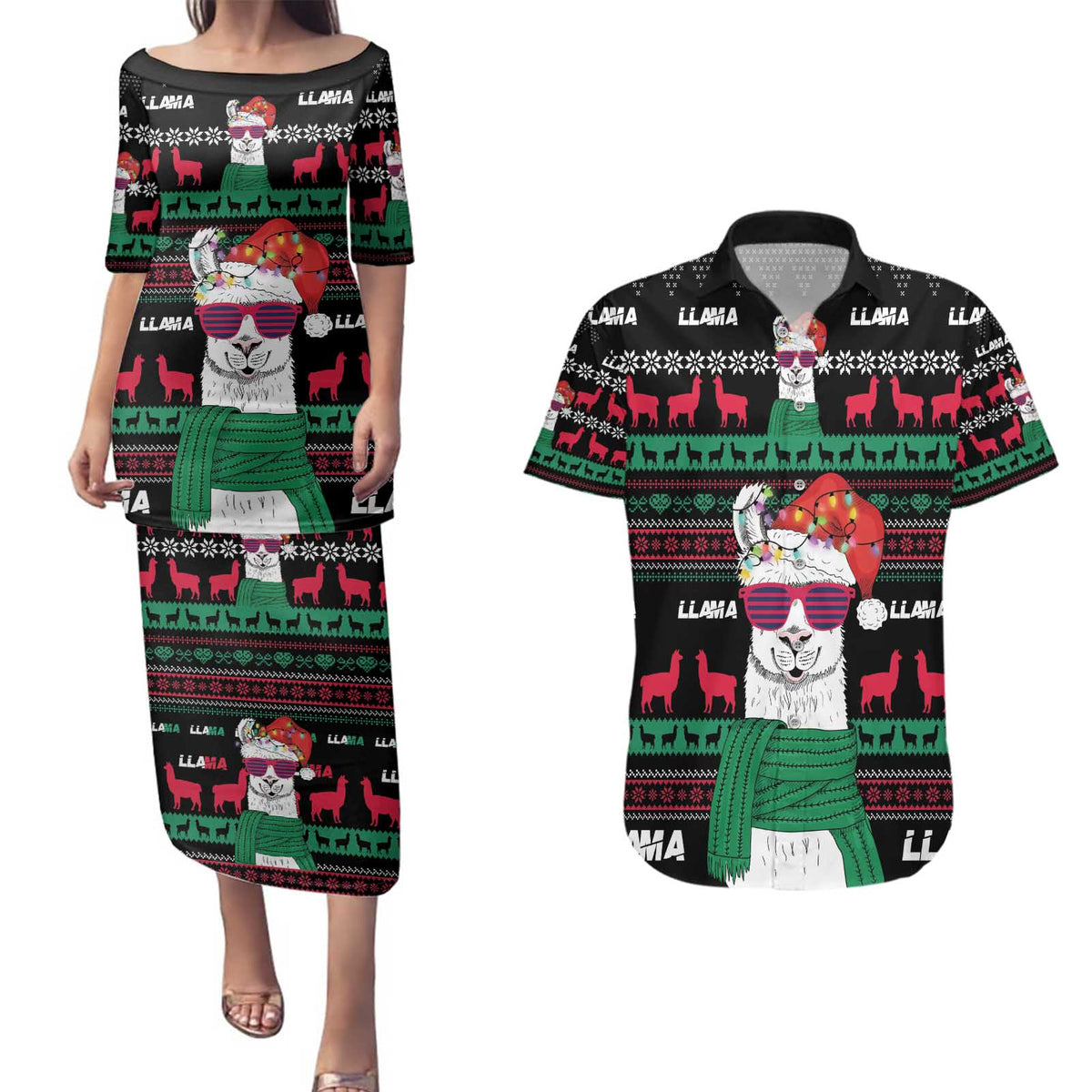 Llama Funny Couples Matching Puletasi and Hawaiian Shirt Llama Christmas DT04 - Wonder Print Shop