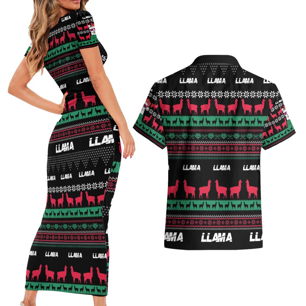 Llama Funny Couples Matching Short Sleeve Bodycon Dress and Hawaiian Shirt Llama Christmas DT04 - Wonder Print Shop