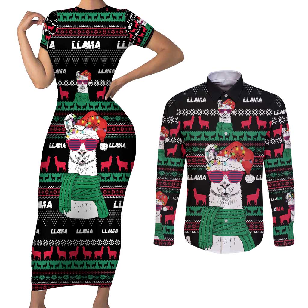 Llama Funny Couples Matching Short Sleeve Bodycon Dress and Long Sleeve Button Shirt Llama Christmas DT04 - Wonder Print Shop