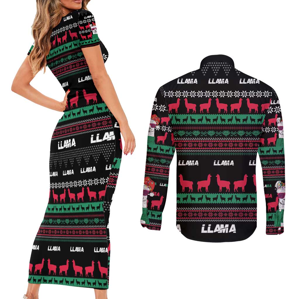 Llama Funny Couples Matching Short Sleeve Bodycon Dress and Long Sleeve Button Shirt Llama Christmas DT04 - Wonder Print Shop