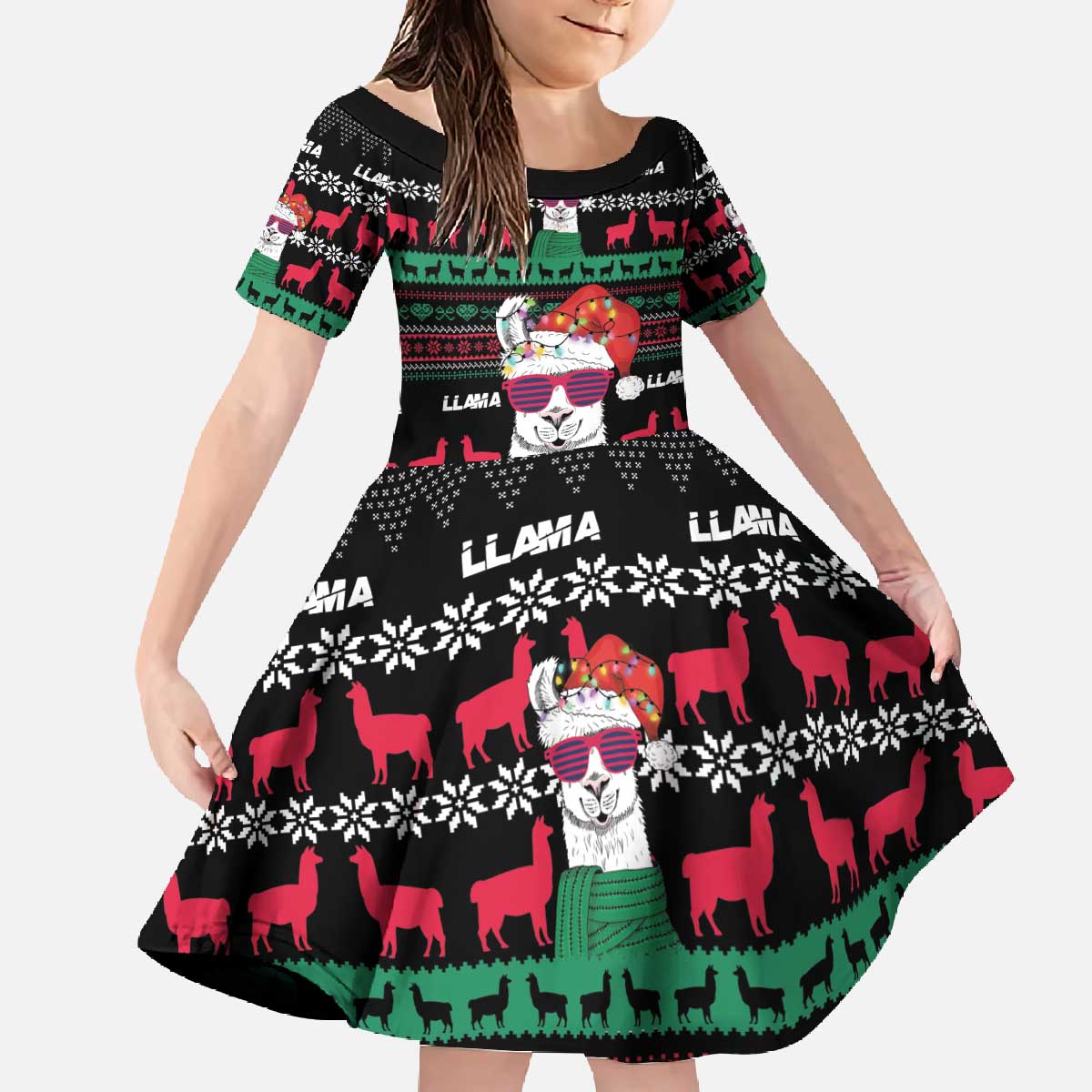 Llama Funny Family Matching Off The Shoulder Long Sleeve Dress and Hawaiian Shirt Llama Christmas DT04 - Wonder Print Shop
