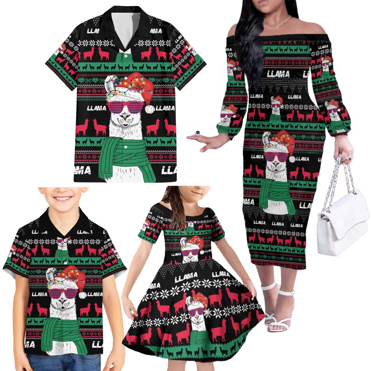 Llama Funny Family Matching Off The Shoulder Long Sleeve Dress and Hawaiian Shirt Llama Christmas DT04 - Wonder Print Shop