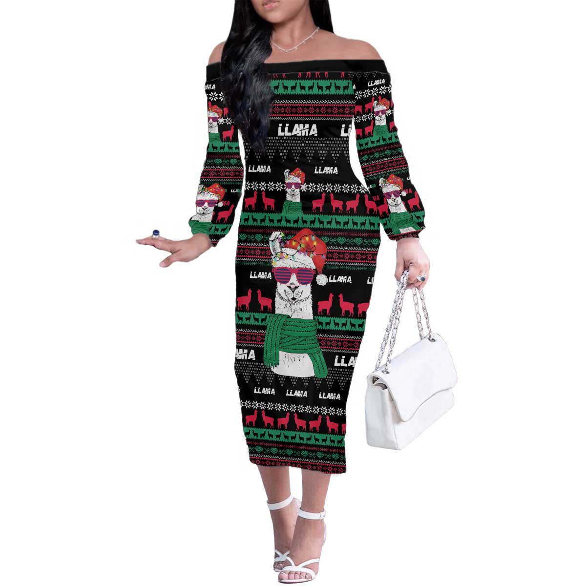Llama Funny Family Matching Off The Shoulder Long Sleeve Dress and Hawaiian Shirt Llama Christmas DT04 - Wonder Print Shop