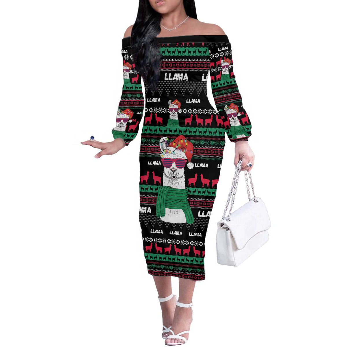 Llama Funny Off The Shoulder Long Sleeve Dress Llama Christmas DT04 - Wonder Print Shop
