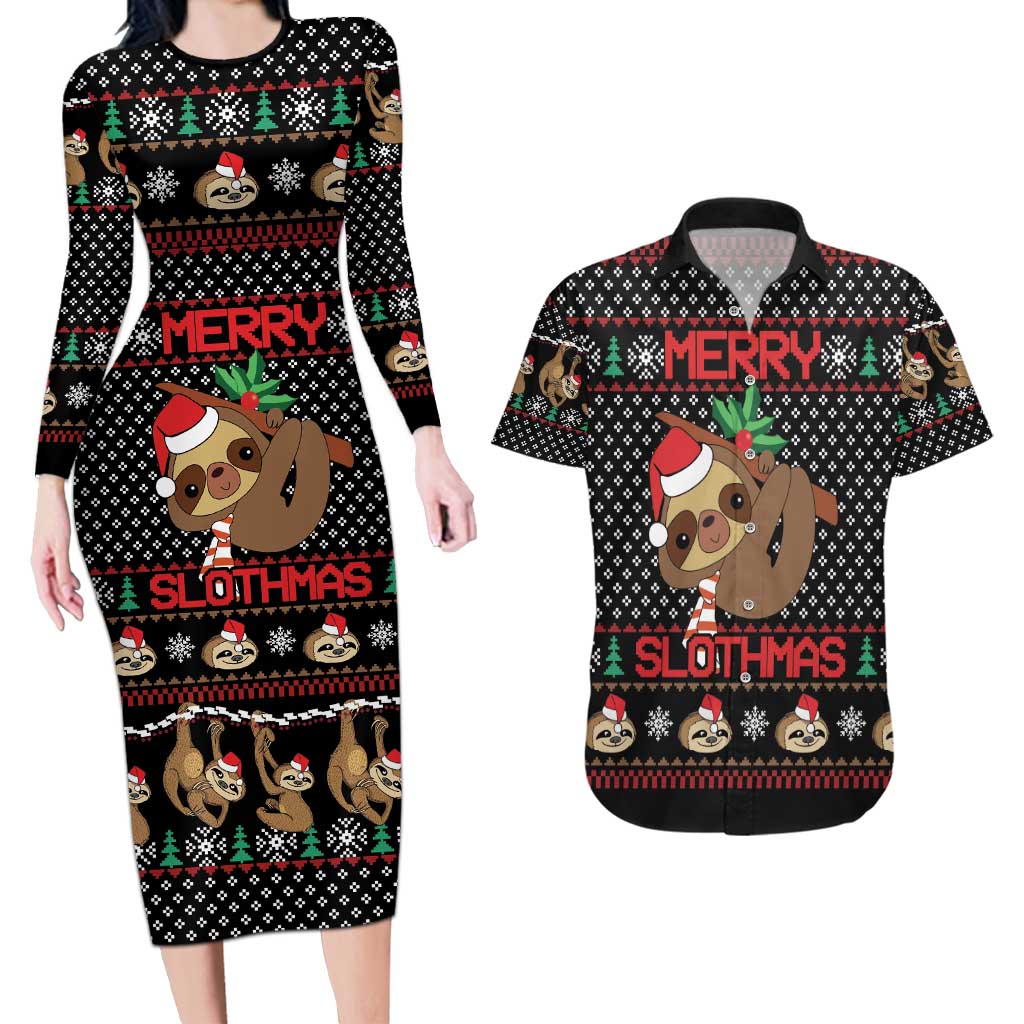 Merry Slothmas Couples Matching Long Sleeve Bodycon Dress and Hawaiian Shirt Cute Sloth Christmas DT04 - Wonder Print Shop