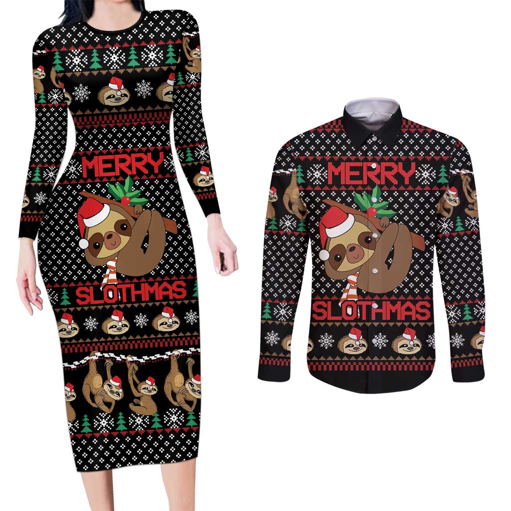 Merry Slothmas Couples Matching Long Sleeve Bodycon Dress and Long Sleeve Button Shirt Cute Sloth Christmas DT04 - Wonder Print Shop