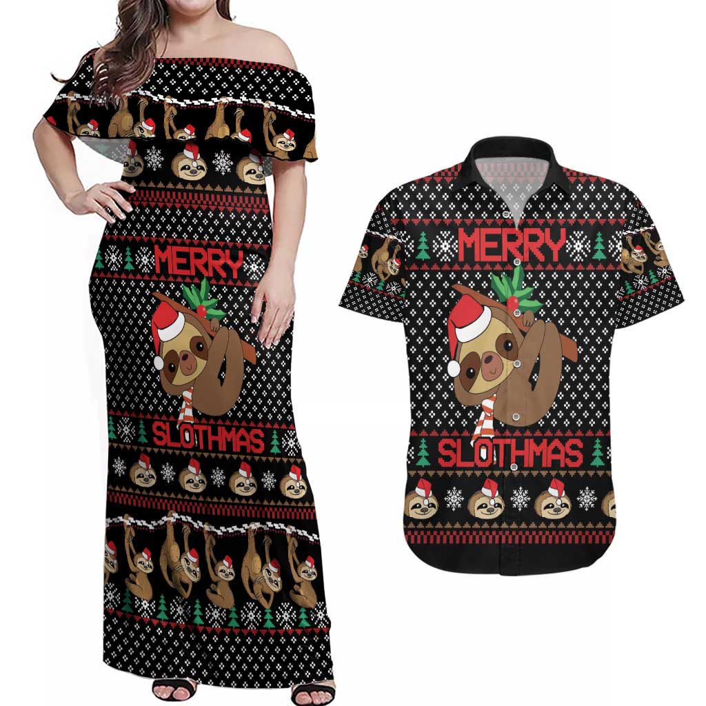 Merry Slothmas Couples Matching Off Shoulder Maxi Dress and Hawaiian Shirt Cute Sloth Christmas DT04 - Wonder Print Shop