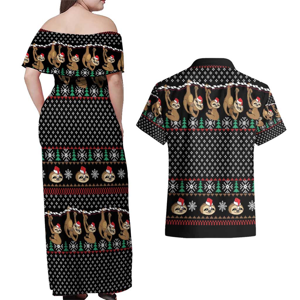 Merry Slothmas Couples Matching Off Shoulder Maxi Dress and Hawaiian Shirt Cute Sloth Christmas DT04 - Wonder Print Shop