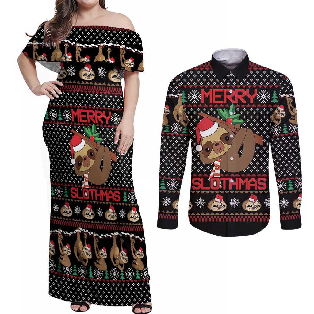 Merry Slothmas Couples Matching Off Shoulder Maxi Dress and Long Sleeve Button Shirt Cute Sloth Christmas DT04 - Wonder Print Shop
