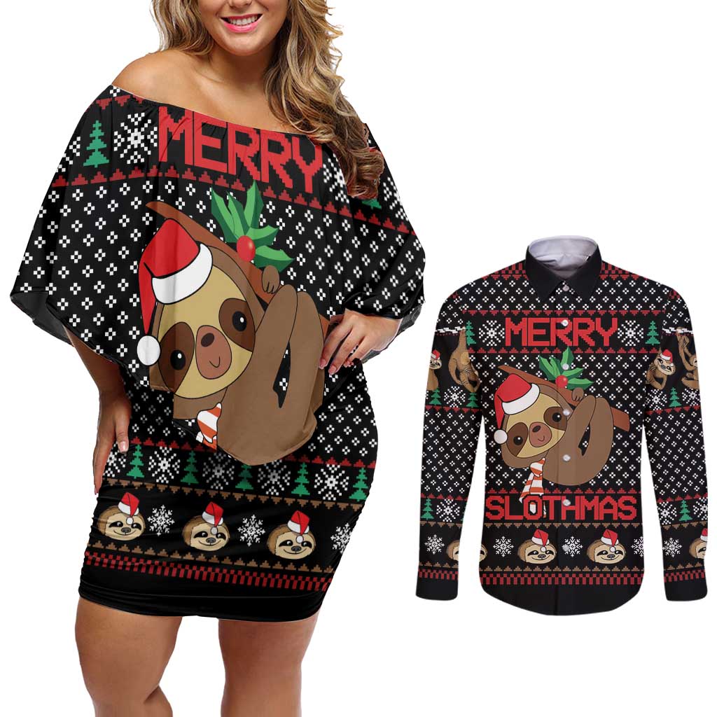 Merry Slothmas Couples Matching Off Shoulder Short Dress and Long Sleeve Button Shirt Cute Sloth Christmas DT04 - Wonder Print Shop