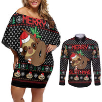 Merry Slothmas Couples Matching Off Shoulder Short Dress and Long Sleeve Button Shirt Cute Sloth Christmas DT04 - Wonder Print Shop