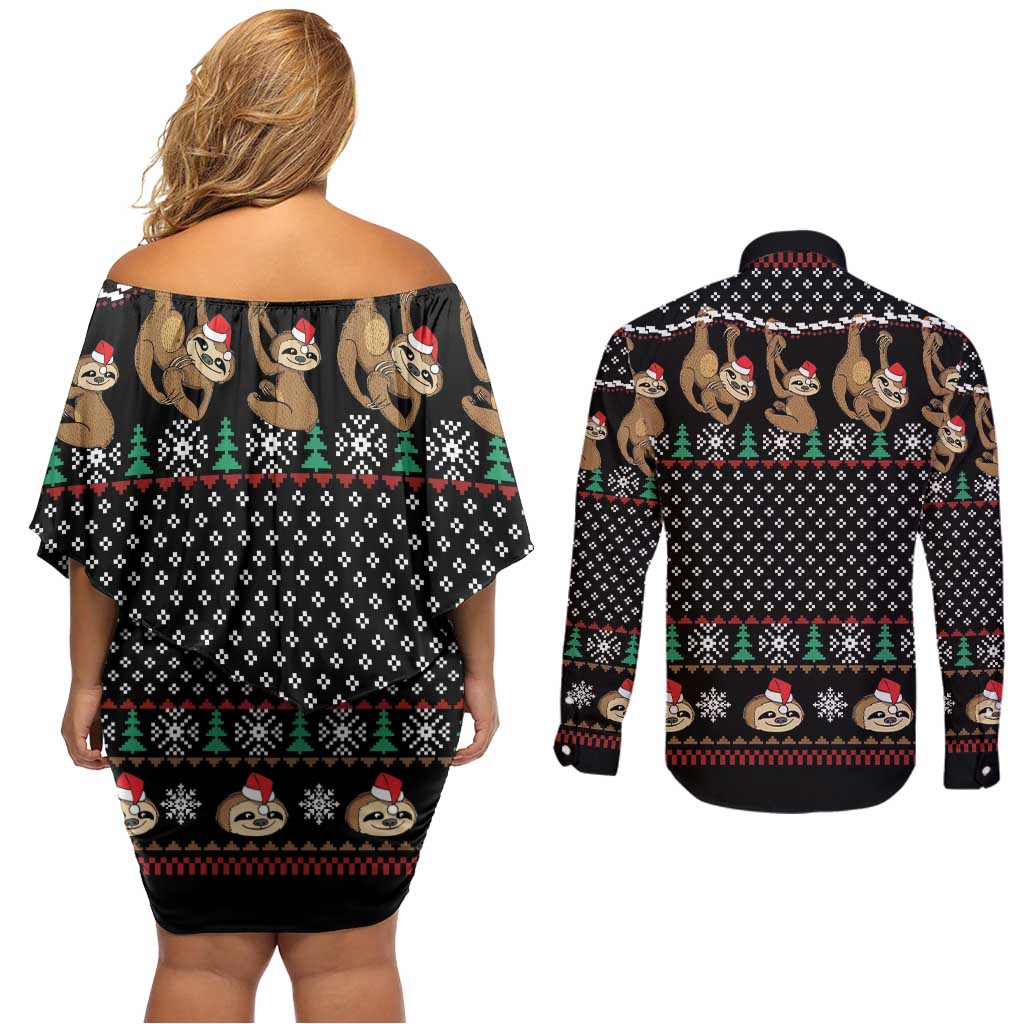 Merry Slothmas Couples Matching Off Shoulder Short Dress and Long Sleeve Button Shirt Cute Sloth Christmas DT04 - Wonder Print Shop