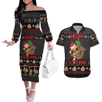 Merry Slothmas Couples Matching Off The Shoulder Long Sleeve Dress and Hawaiian Shirt Cute Sloth Christmas DT04 - Wonder Print Shop
