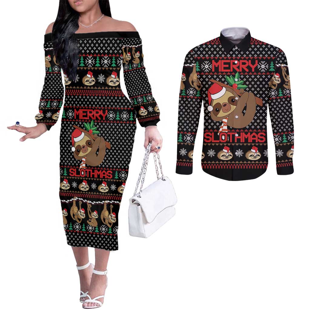 Merry Slothmas Couples Matching Off The Shoulder Long Sleeve Dress and Long Sleeve Button Shirt Cute Sloth Christmas