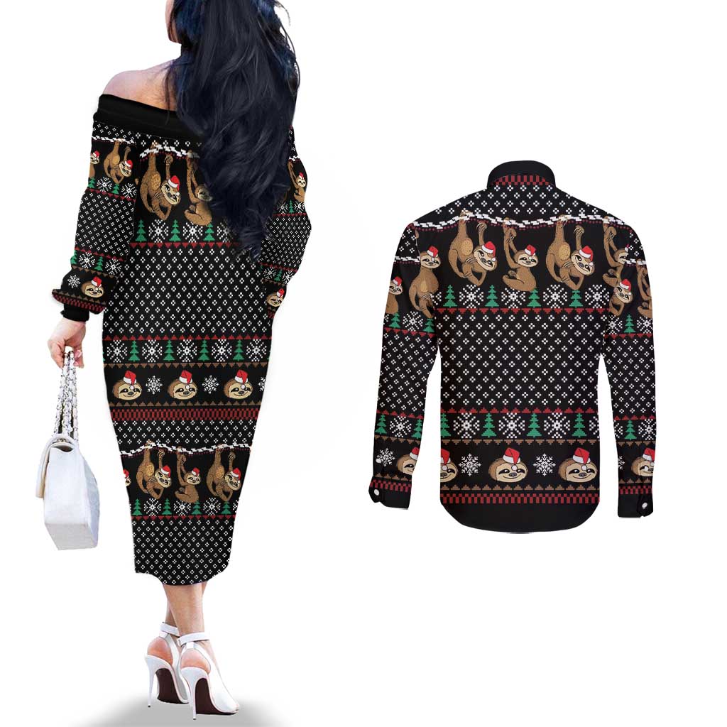 Merry Slothmas Couples Matching Off The Shoulder Long Sleeve Dress and Long Sleeve Button Shirt Cute Sloth Christmas