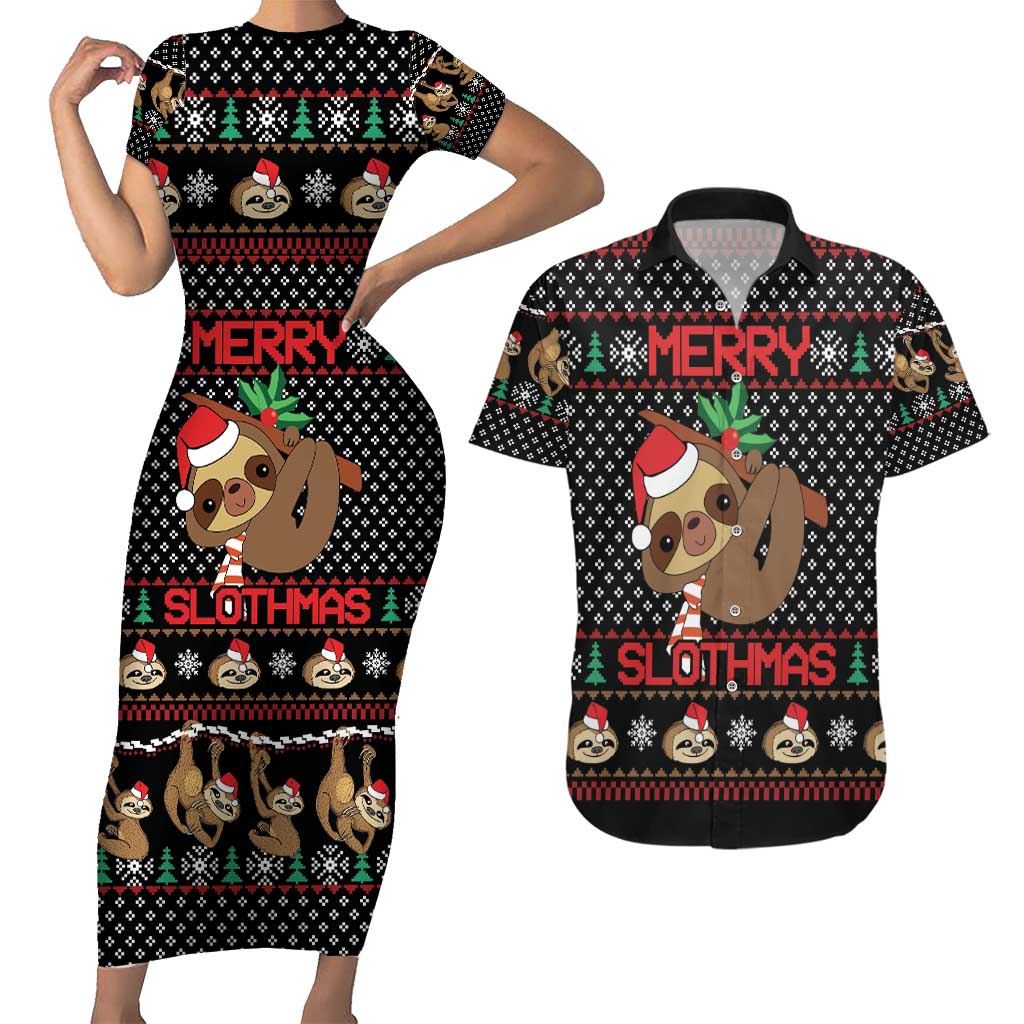 Merry Slothmas Couples Matching Short Sleeve Bodycon Dress and Hawaiian Shirt Cute Sloth Christmas DT04 - Wonder Print Shop