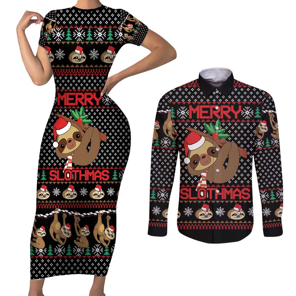 Merry Slothmas Couples Matching Short Sleeve Bodycon Dress and Long Sleeve Button Shirt Cute Sloth Christmas DT04 - Wonder Print Shop