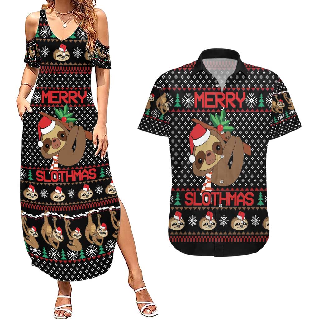 Merry Slothmas Couples Matching Summer Maxi Dress and Hawaiian Shirt Cute Sloth Christmas DT04 - Wonder Print Shop