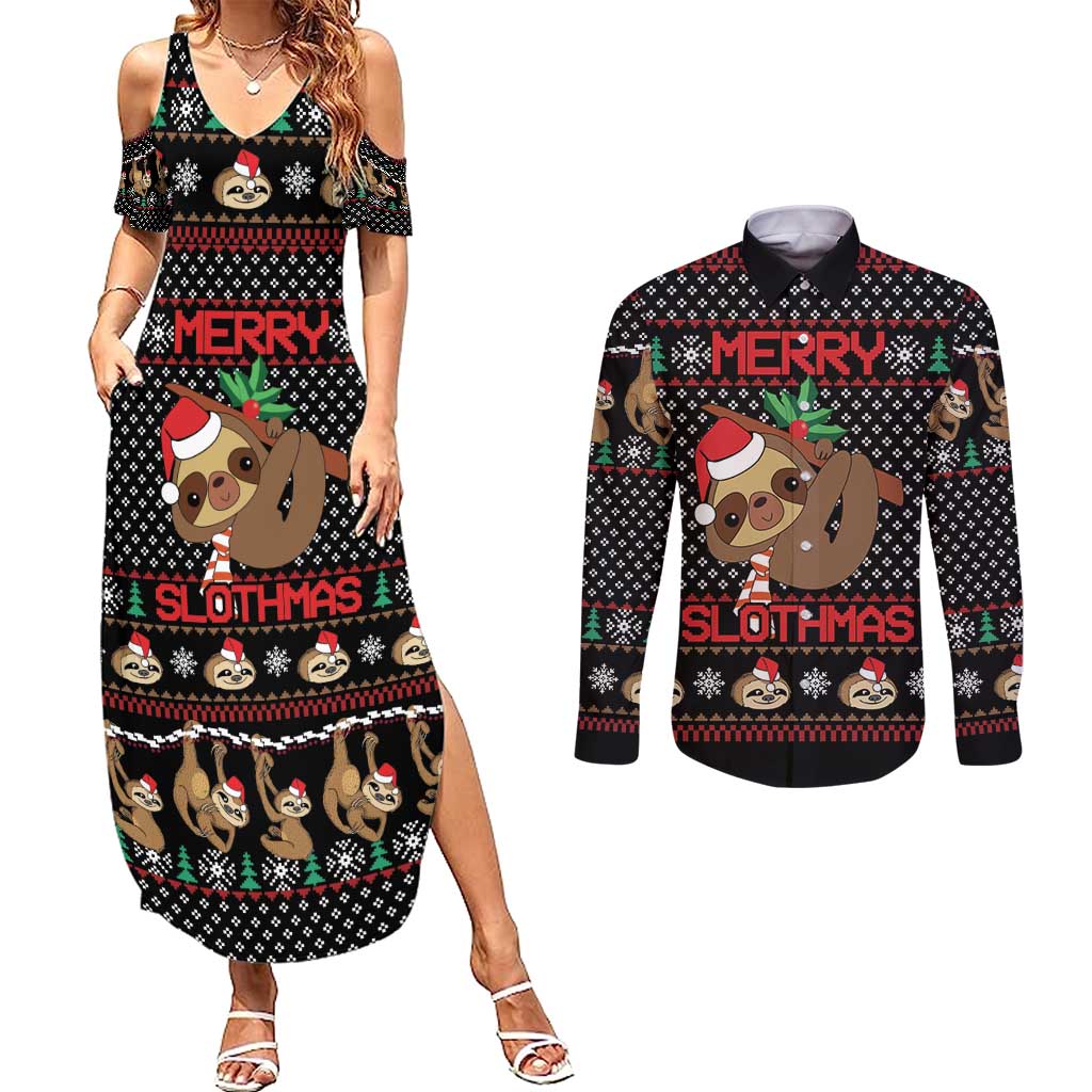 Merry Slothmas Couples Matching Summer Maxi Dress and Long Sleeve Button Shirt Cute Sloth Christmas DT04 - Wonder Print Shop