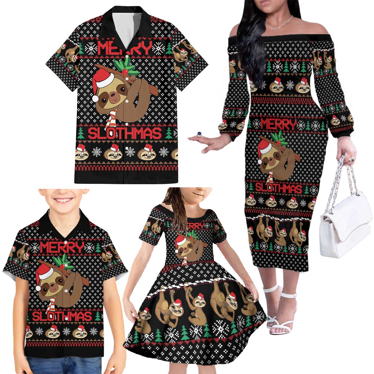 Merry Slothmas Family Matching Off The Shoulder Long Sleeve Dress and Hawaiian Shirt Cute Sloth Christmas DT04 - Wonder Print Shop