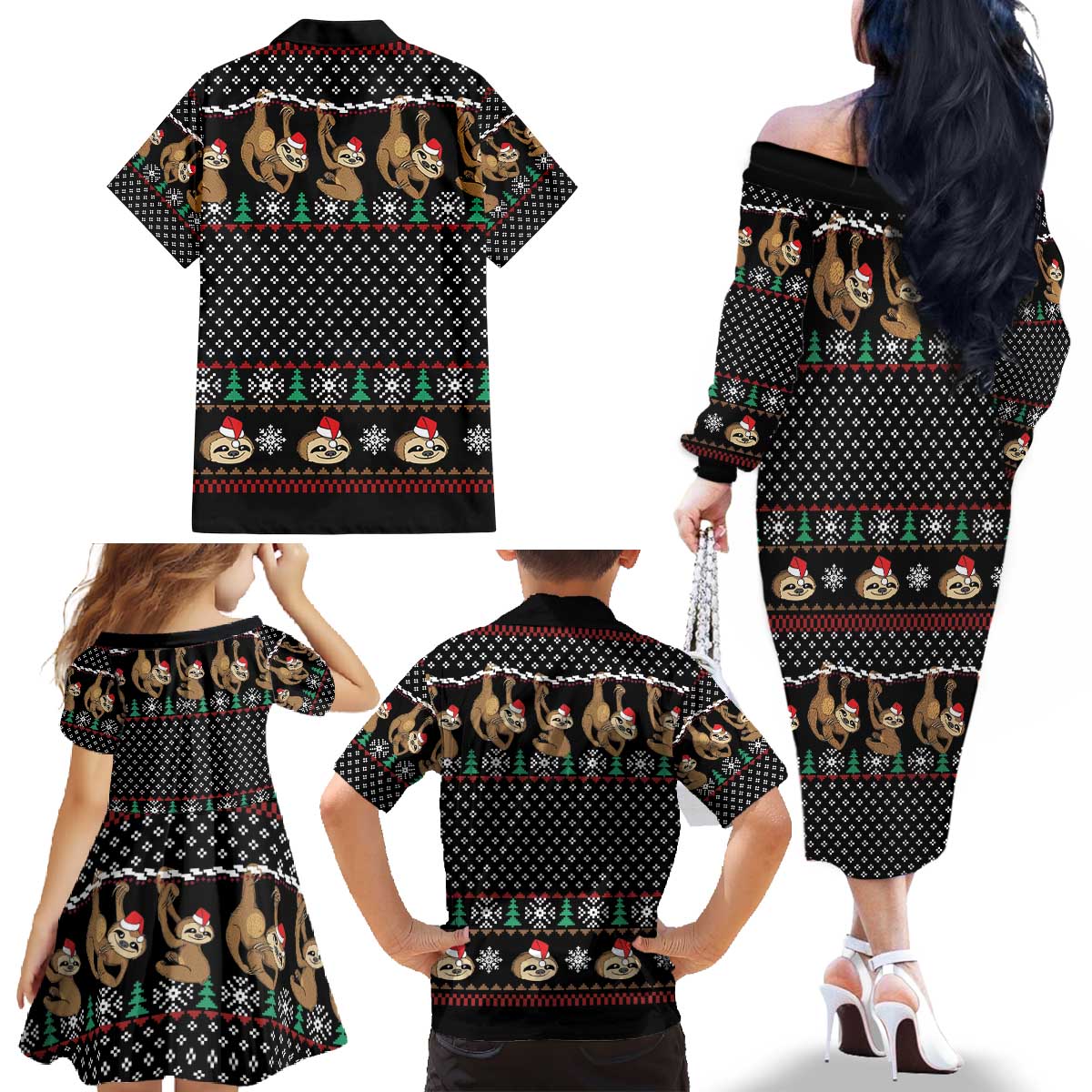 Merry Slothmas Family Matching Off The Shoulder Long Sleeve Dress and Hawaiian Shirt Cute Sloth Christmas DT04 - Wonder Print Shop