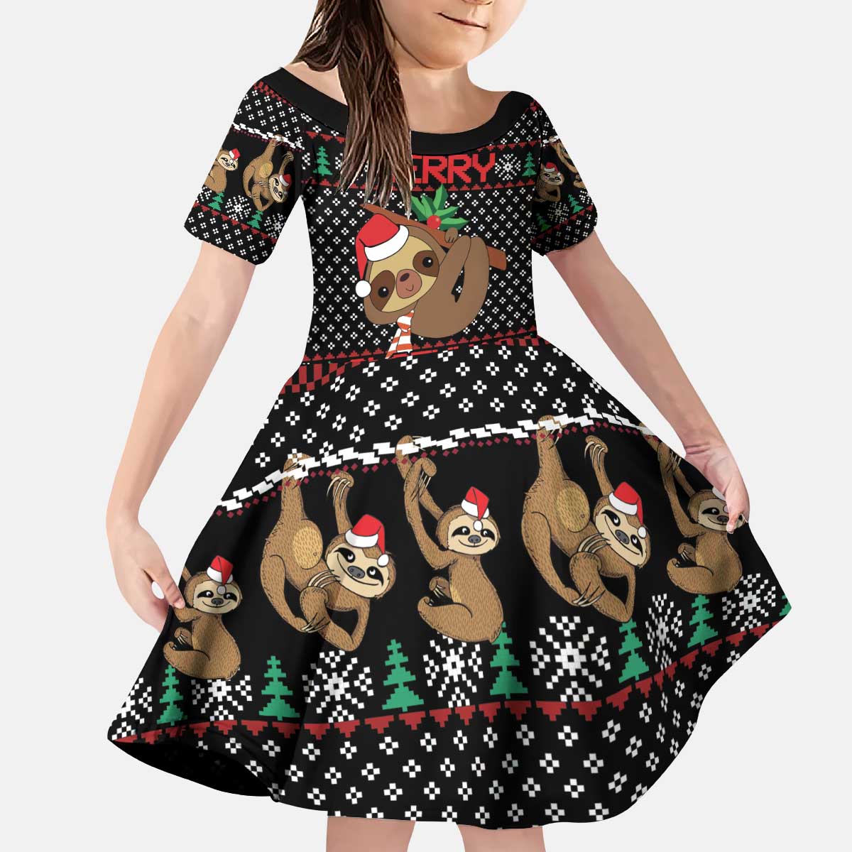 Merry Slothmas Kid Short Sleeve Dress Cute Sloth Christmas DT04 - Wonder Print Shop