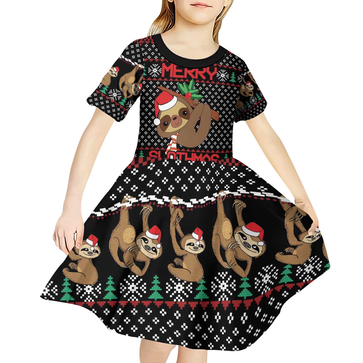 Merry Slothmas Kid Short Sleeve Dress Cute Sloth Christmas DT04 - Wonder Print Shop