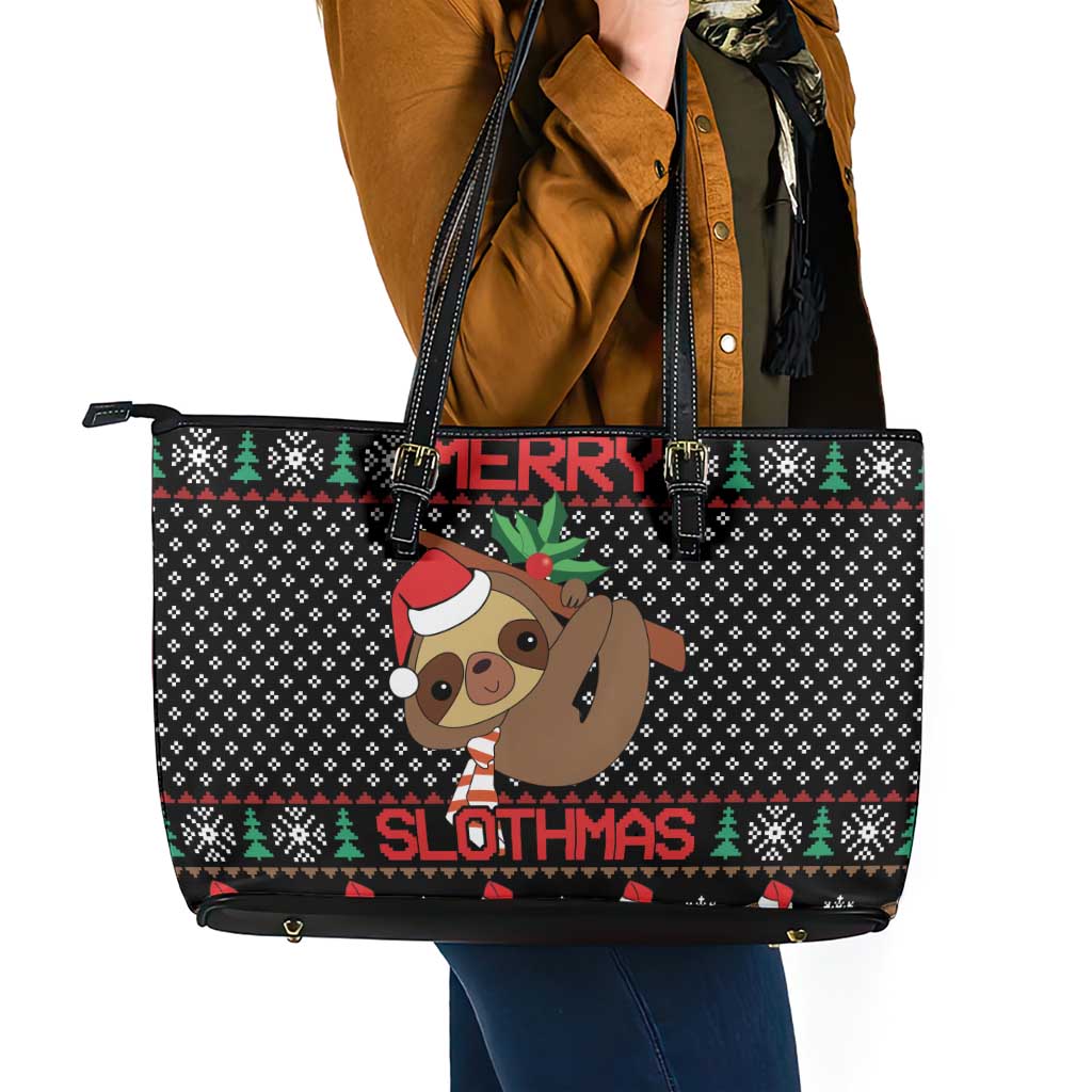 Merry Slothmas Leather Tote Bag Cute Sloth Christmas DT04 - Wonder Print Shop