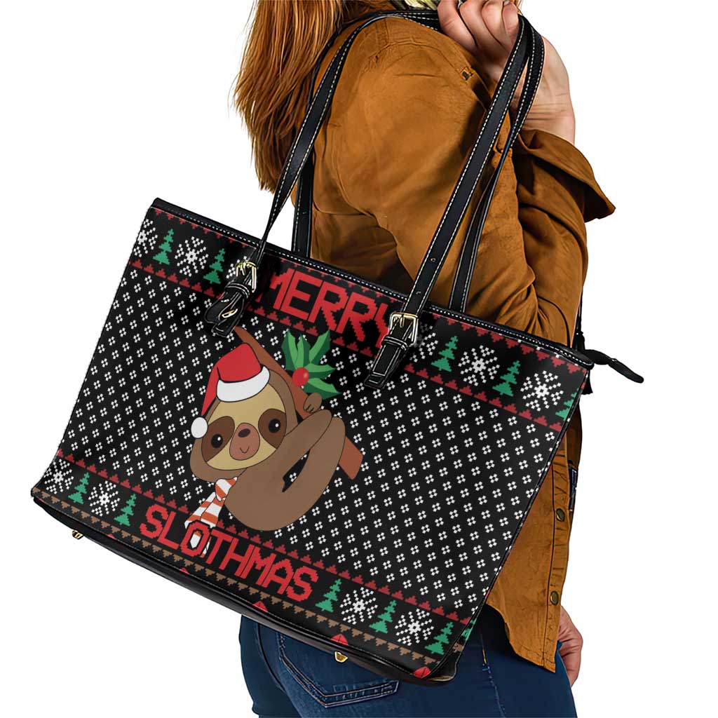 Merry Slothmas Leather Tote Bag Cute Sloth Christmas DT04 - Wonder Print Shop