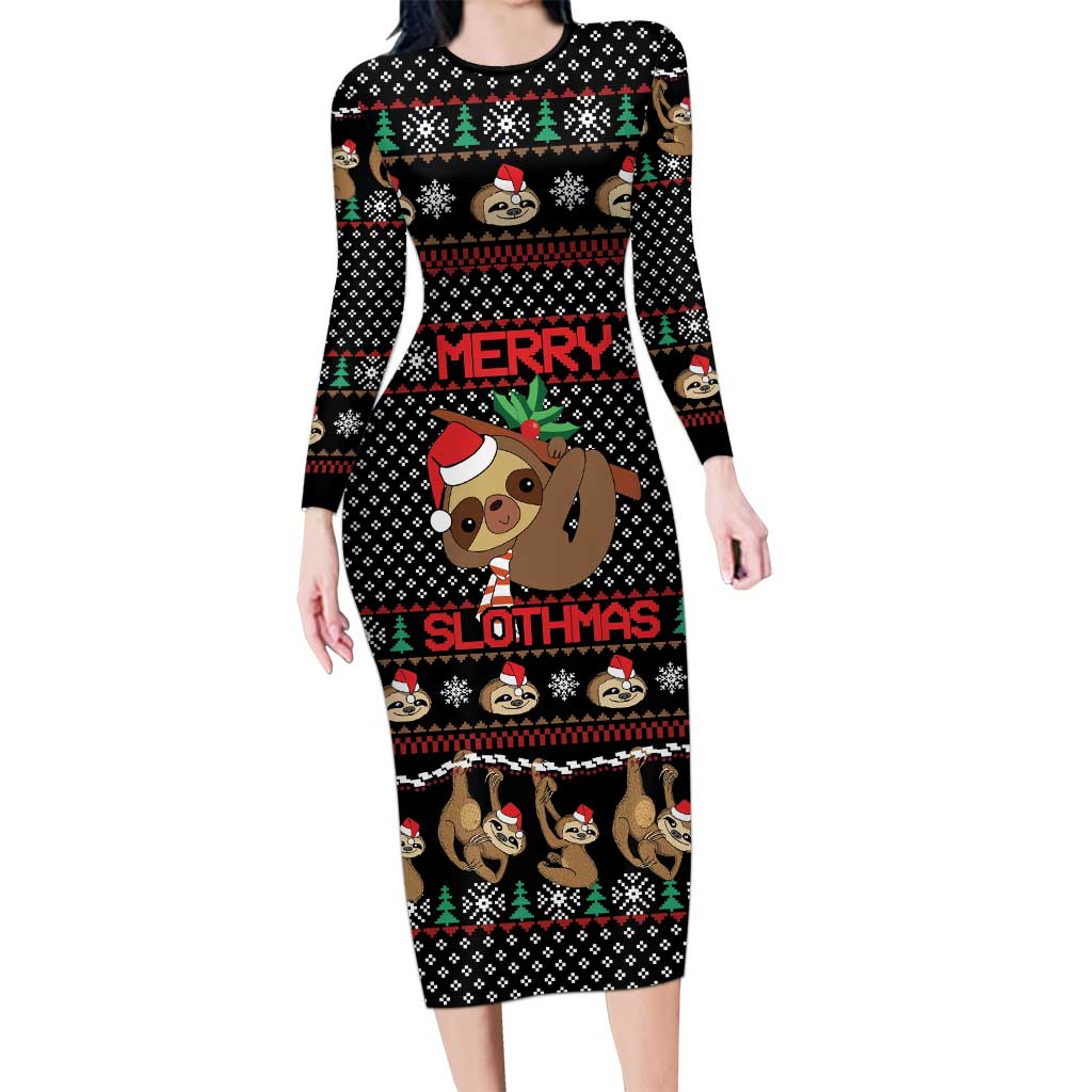 Merry Slothmas Long Sleeve Bodycon Dress Cute Sloth Christmas DT04 - Wonder Print Shop