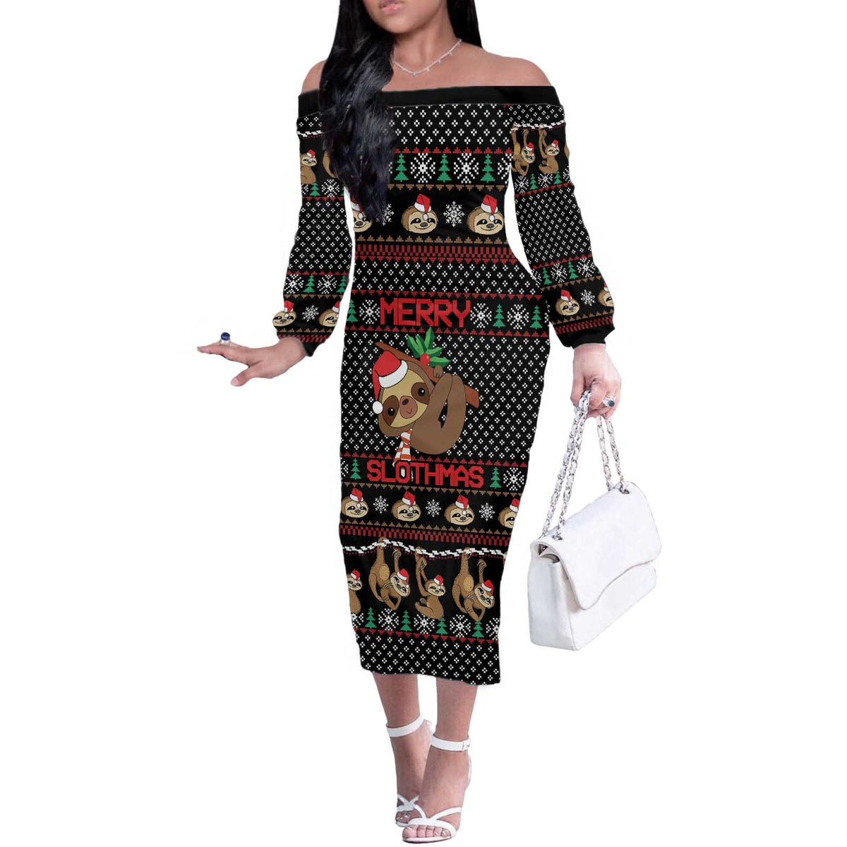 Merry Slothmas Off The Shoulder Long Sleeve Dress Cute Sloth Christmas DT04 - Wonder Print Shop