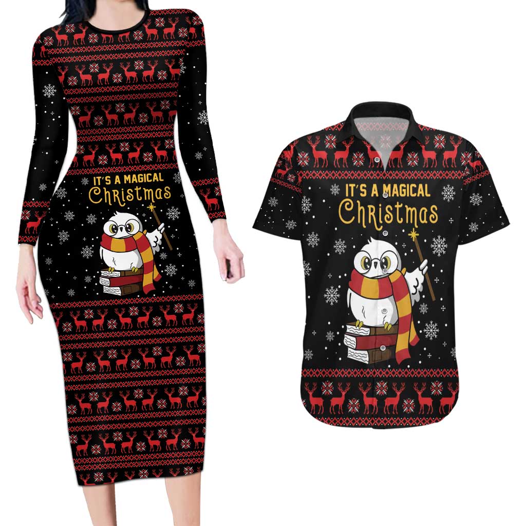 Magical Christmas Couples Matching Long Sleeve Bodycon Dress and Hawaiian Shirt Owl Book Xmas DT04 - Wonder Print Shop
