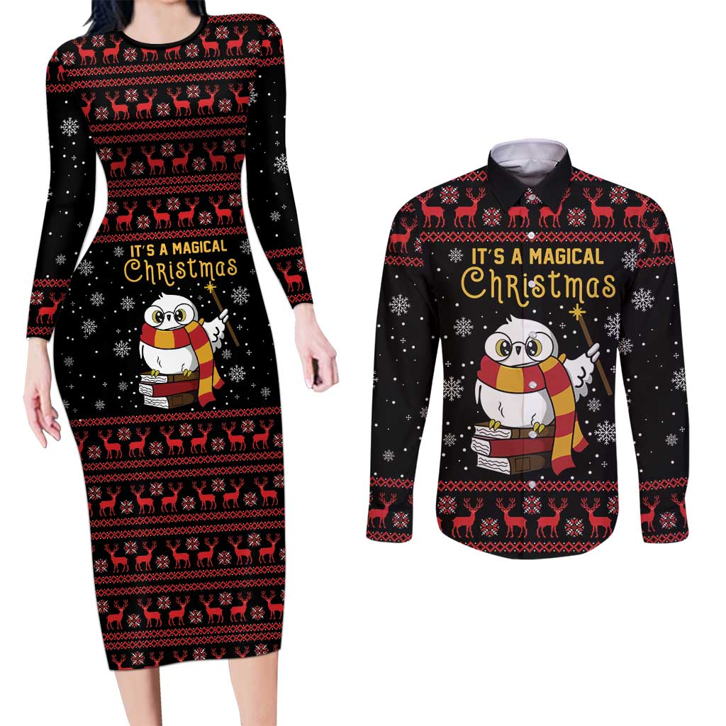 Magical Christmas Couples Matching Long Sleeve Bodycon Dress and Long Sleeve Button Shirt Owl Book Xmas DT04 - Wonder Print Shop