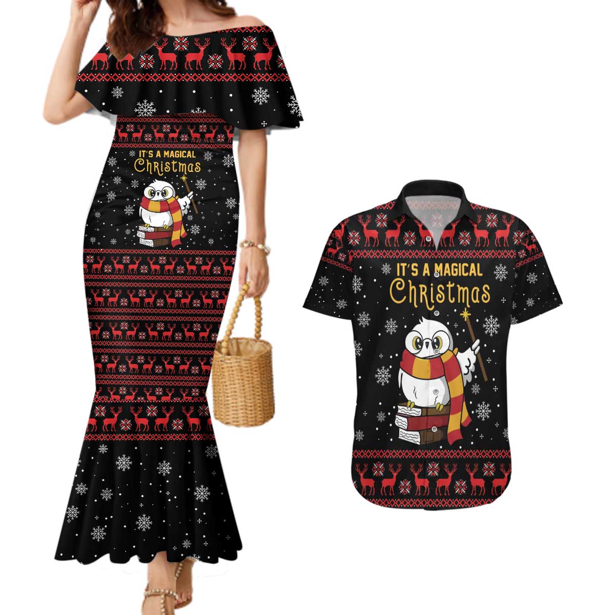 Magical Christmas Couples Matching Mermaid Dress and Hawaiian Shirt Owl Book Xmas DT04 - Wonder Print Shop