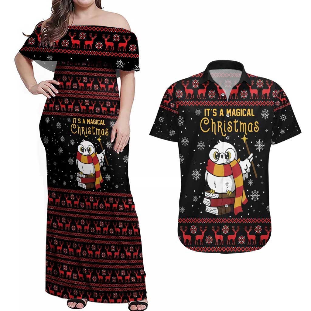 Magical Christmas Couples Matching Off Shoulder Maxi Dress and Hawaiian Shirt Owl Book Xmas DT04 - Wonder Print Shop