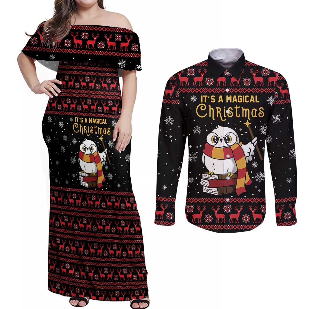 Magical Christmas Couples Matching Off Shoulder Maxi Dress and Long Sleeve Button Shirt Owl Book Xmas DT04 - Wonder Print Shop