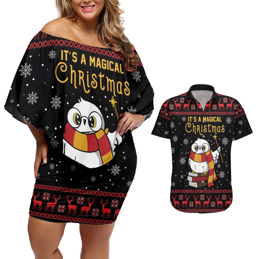 Magical Christmas Couples Matching Off Shoulder Short Dress and Hawaiian Shirt Owl Book Xmas DT04 - Wonder Print Shop