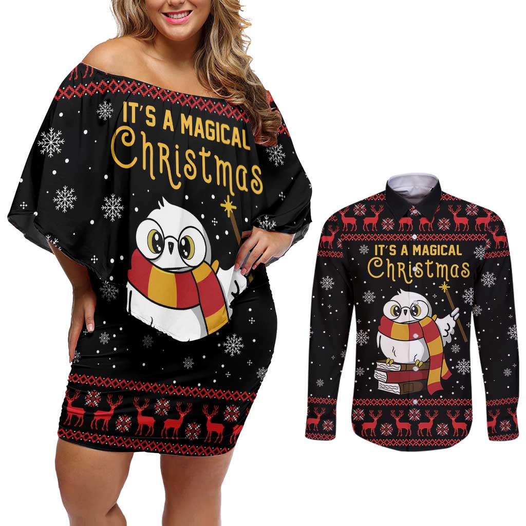 Magical Christmas Couples Matching Off Shoulder Short Dress and Long Sleeve Button Shirt Owl Book Xmas DT04 - Wonder Print Shop