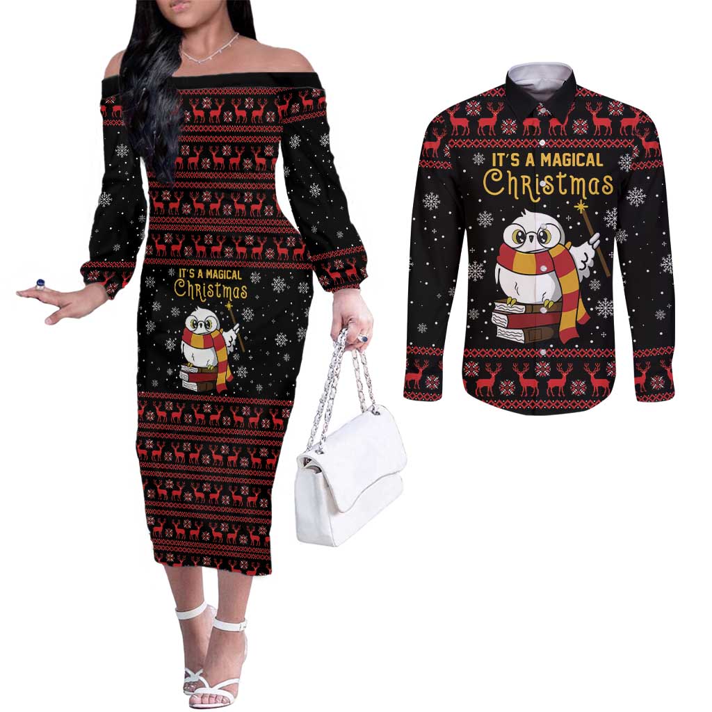 Magical Christmas Couples Matching Off The Shoulder Long Sleeve Dress and Long Sleeve Button Shirt Owl Book Xmas