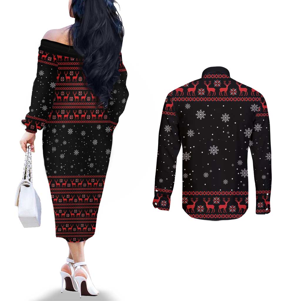 Magical Christmas Couples Matching Off The Shoulder Long Sleeve Dress and Long Sleeve Button Shirt Owl Book Xmas