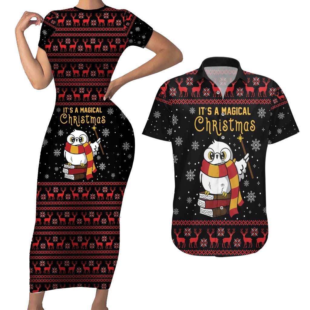 Magical Christmas Couples Matching Short Sleeve Bodycon Dress and Hawaiian Shirt Owl Book Xmas DT04 - Wonder Print Shop