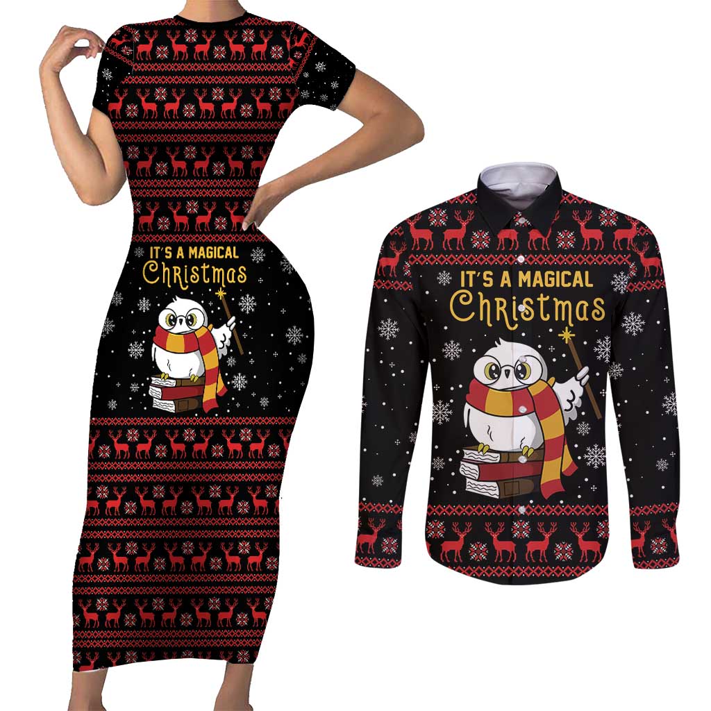 Magical Christmas Couples Matching Short Sleeve Bodycon Dress and Long Sleeve Button Shirt Owl Book Xmas DT04 - Wonder Print Shop