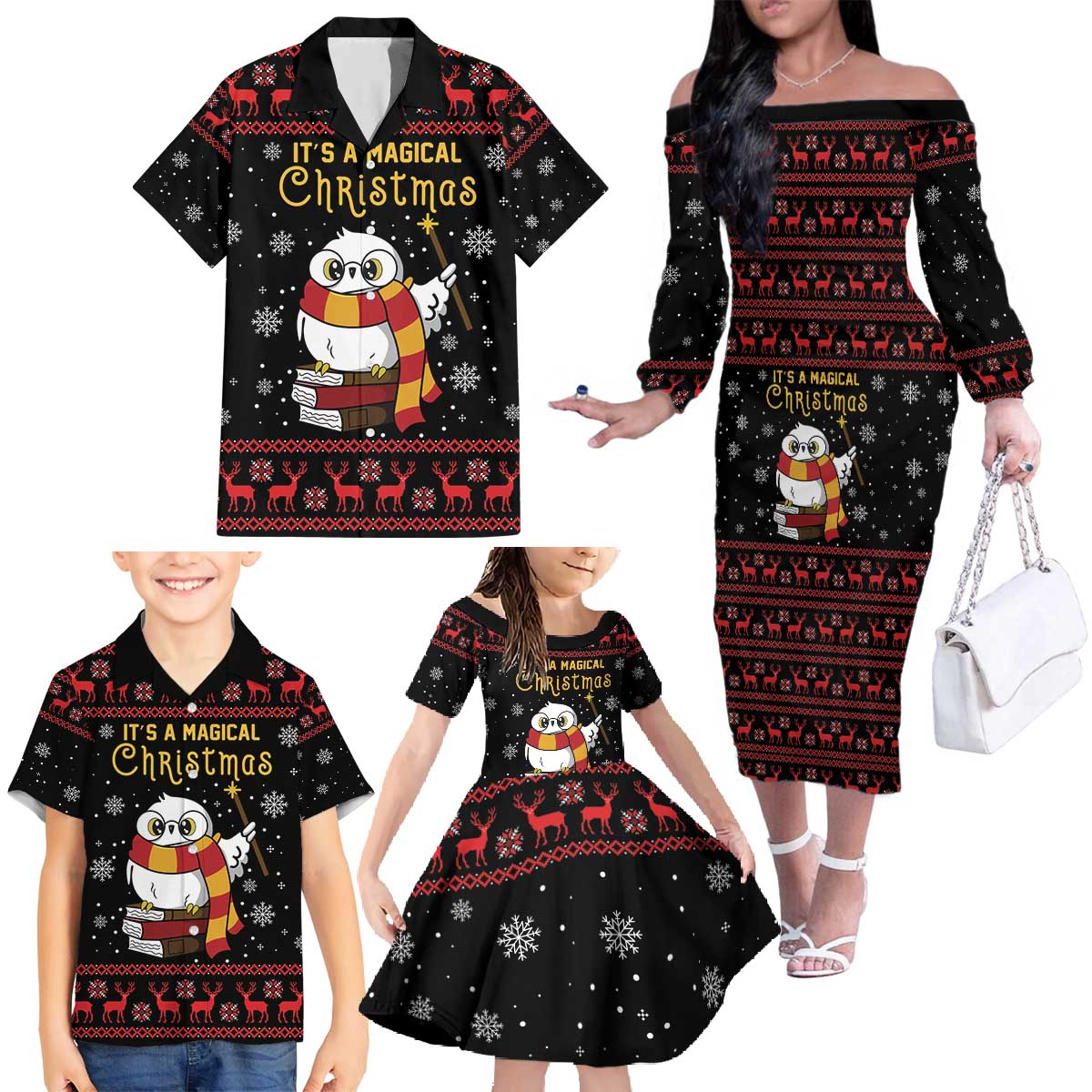 Magical Christmas Family Matching Off The Shoulder Long Sleeve Dress and Hawaiian Shirt Owl Book Xmas DT04 - Wonder Print Shop