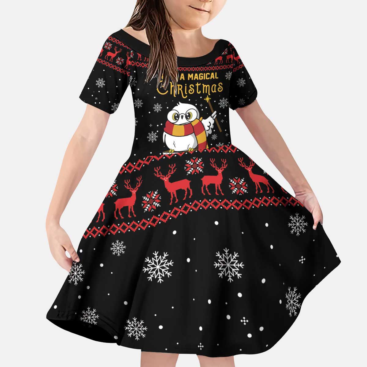Magical Christmas Kid Short Sleeve Dress Owl Book Xmas DT04 - Wonder Print Shop