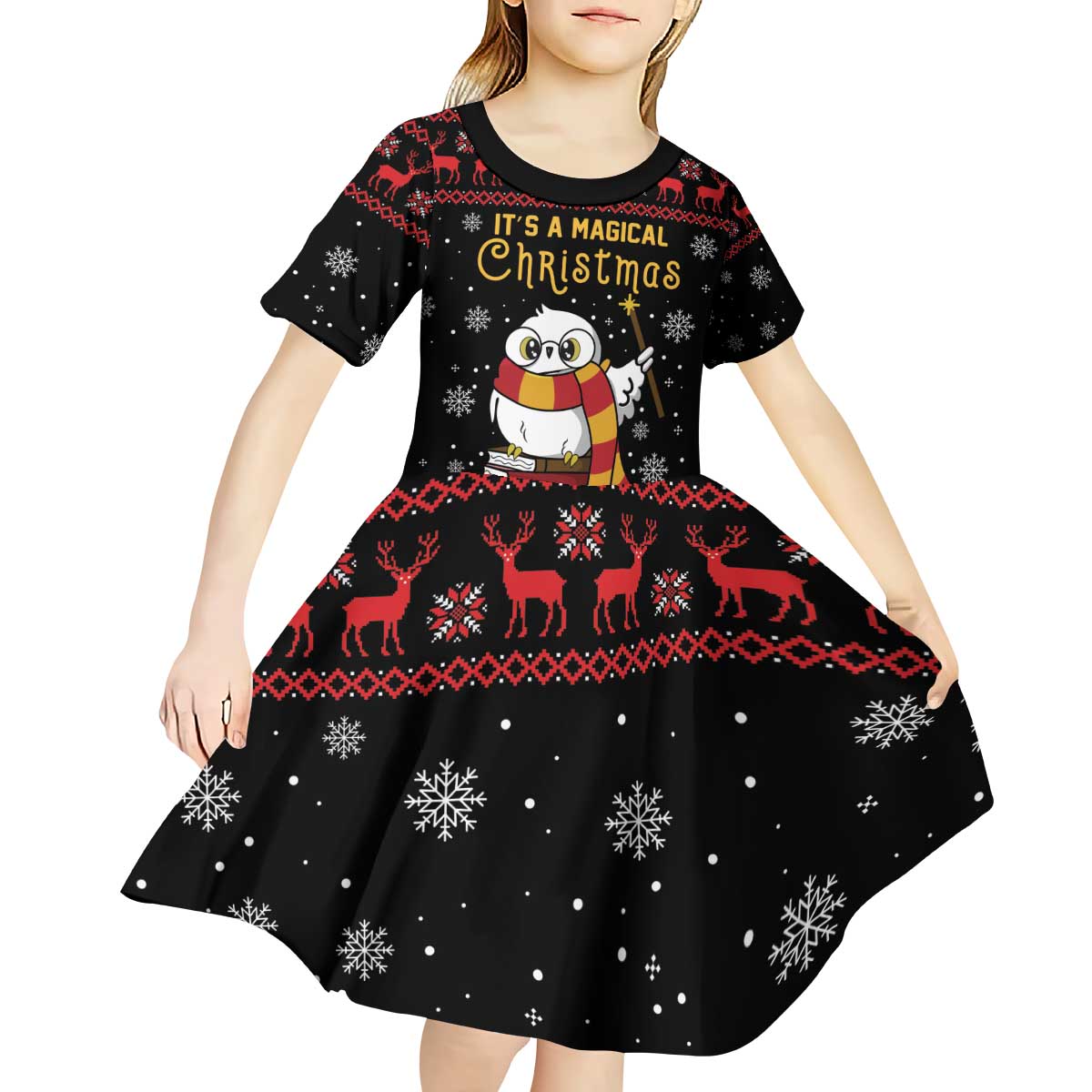 Magical Christmas Kid Short Sleeve Dress Owl Book Xmas DT04 - Wonder Print Shop